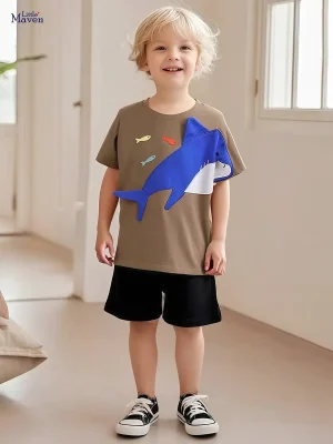 Little Maven Boys Shark Embroidery Tee & Shorts Set