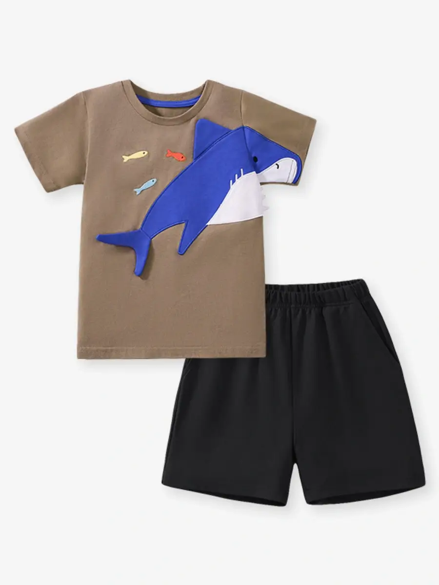 Little Maven Boys Shark Embroidery Tee & Shorts Set 2 Little Maven Boys Shark Embroidery Tee & Shorts Set - Image 2