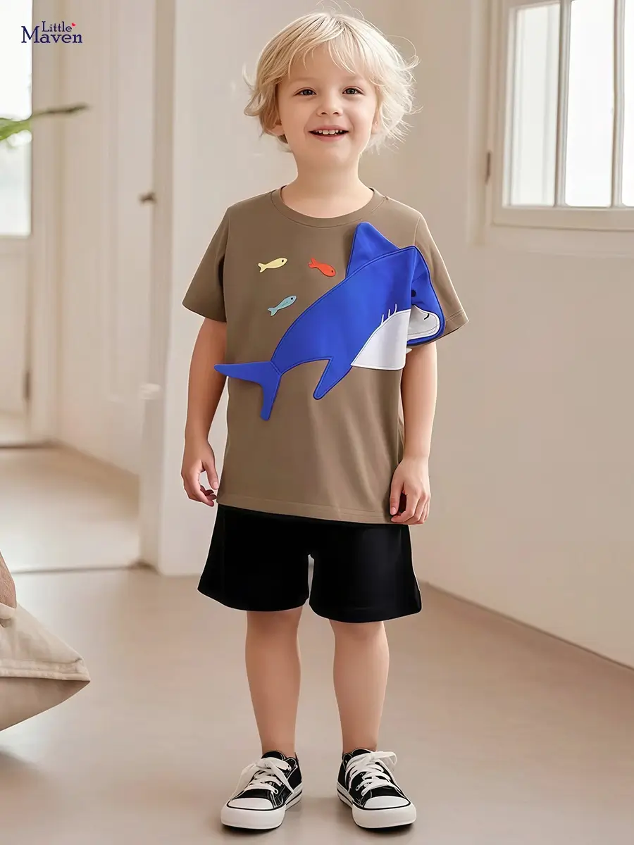 Little Maven Boys Shark Embroidery Tee & Shorts Set 1 Little Maven Boys Shark Embroidery Tee & Shorts Set