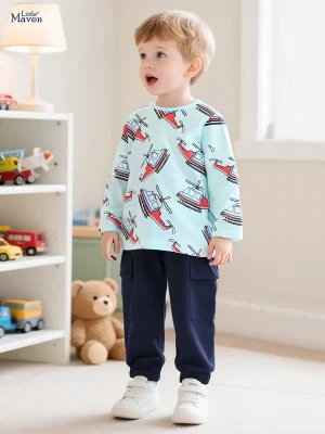 Little Maven Boys Airplane Print Cotton Tee & Pants Set
