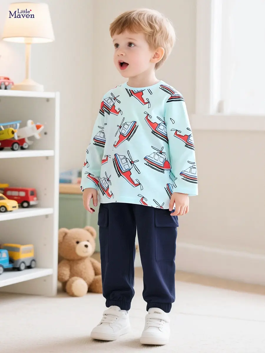 Little Maven Boys Airplane Print Cotton Tee & Pants Set 1 Little Maven Boys Airplane Print Cotton Tee & Pants Set
