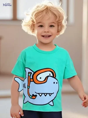 Little Maven Boys Cotton T-Shirt with Shark Graphic