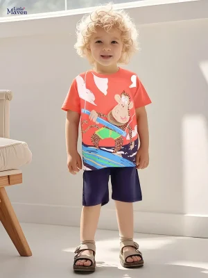 Little Maven Boys Monkey Cartoon Cotton Tee & Shorts Set