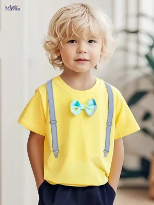Little Maven Boys Cotton T-Shirt with Bow Tie & Suspenders