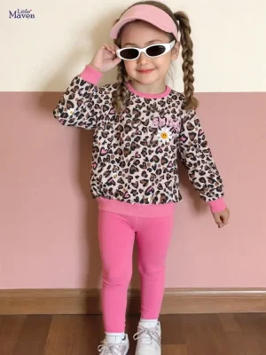 Little Maven Girls Cotton Leopard Sweatshirt & Leggings Set