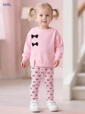 Little Maven Girls Cotton Sweatshirt & Pants Bowknot Set