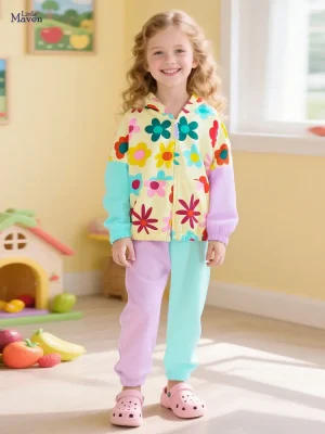 Little Maven Girls Floral Cotton Jacket & Pants Set