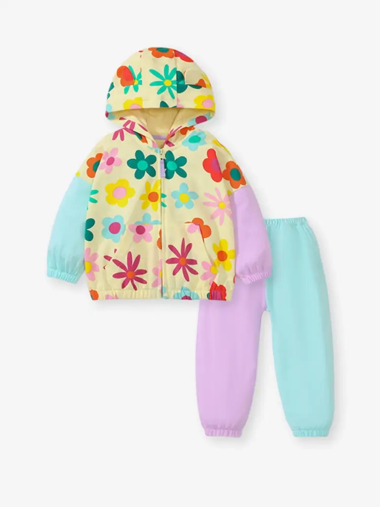 Little Maven Girls 2pcs Floral Print Cotton Color-Blocked Jacket & Pants Set 2 Little Maven Girls 2pcs Floral Print Cotton Color-Blocked Jacket & Pants Set - Image 2