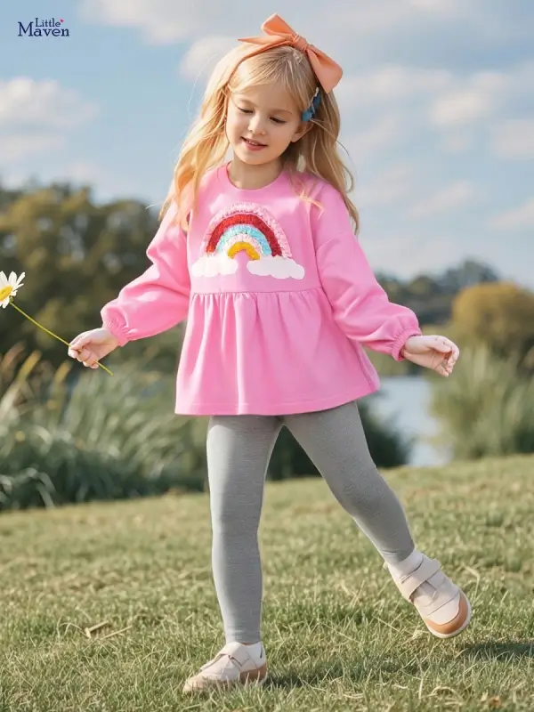 Little Maven Girls 2pcs Rainbow Embroidered Cotton Sweatshirt & Leggings Set 1 Little Maven Girls Rainbow Embroidered Cotton Outfit Set