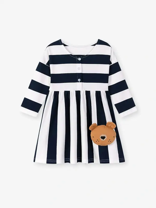 Little Maven Girls 3D Bear Pattern Cotton Striped Long-Sleeved Dress 2 Little Maven Girls 3D Bear Pattern Cotton Striped Long-Sleeved Dress - Image 2