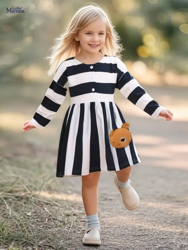 Little Maven Girls 3D Bear Pattern Cotton Striped Long-Sleeved Dress 1 Little Maven Girls Cotton Dress with 3D Bear & Stripes