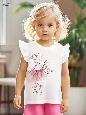 Little Maven Girls 3D Character Print Cotton Flutter Sleeve T-shirt