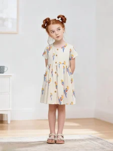 Little Maven Girls Cotton Parrot Print Short Sleeve Dress