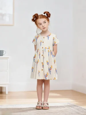 Little Maven Girls Cotton Parrot Print Short Sleeve Dress