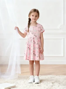 Little Maven Girls Rabbit Print Cotton Dress – Short Sleeve