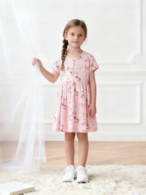 Little Maven Girls Rabbit Print Cotton Dress – Short Sleeve