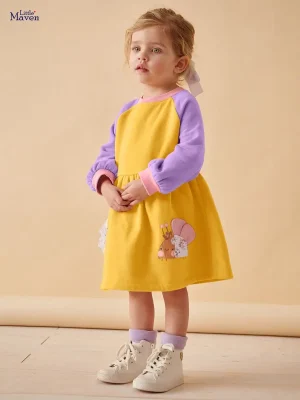Little Maven Girls Bee Embroidered Cotton Color-Block Dress