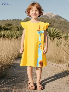 Little Maven Girls Bow-Knot Cotton Ruffle Sleeve Dress
