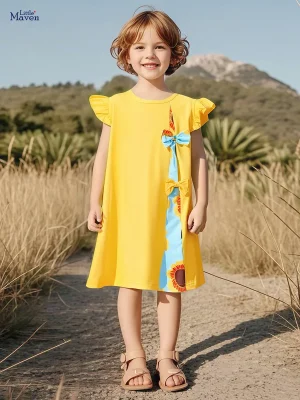 Little Maven Girls Bow-Knot Cotton Ruffle Sleeve Dress
