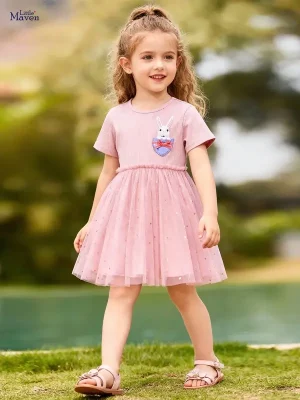 Little Maven Girls Bunny Cotton Sequined Mesh Dress