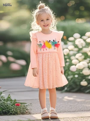 Little Maven Girls Mesh Sequin Dress with Character Embroidery
