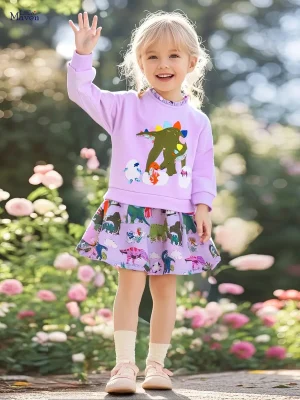 Little Maven Girls Cotton Dinosaur Embroidered Long Sleeve Dress
