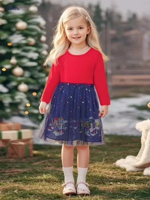 Little Maven Girls Cartoon Print Sequin Long-Sleeve Dress
