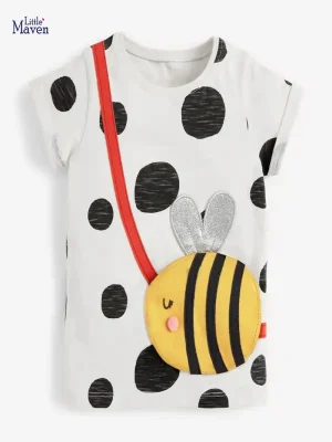 Little Maven Girls Cotton Bee Embroidery Polka Dot T-shirt