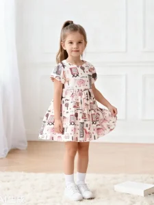 Little Maven Girls Cotton Dinosaur Print Short Sleeve Dress