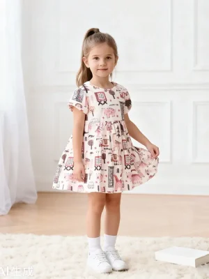 Little Maven Girls Cotton Dinosaur Print Short Sleeve Dress