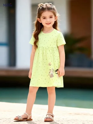 Little Maven Girls Cotton Dress with Dancing Girl & Floral Print