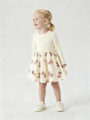 Little Maven Girls Cotton Bear Print Long Sleeve Dress