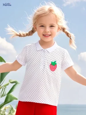 Little Maven Girls Cotton Polo Shirt with Strawberry Print