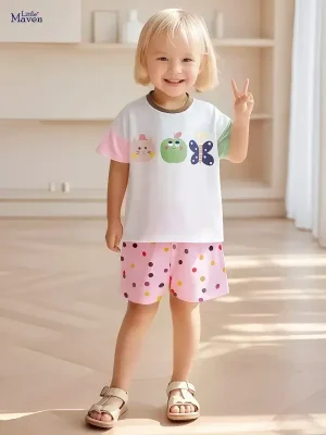 Girls Cotton Color-Block Tee & Polka Dot Shorts Set
