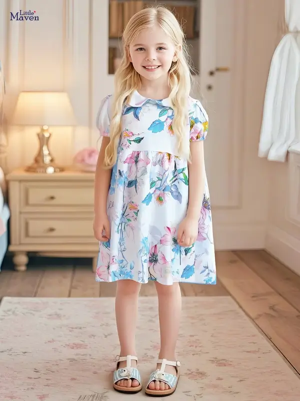 Little Maven Girls Ink Painting Floral Print Cotton Short-Sleeve Dress 1 Little Maven Girls Cotton Dress with Ink Floral Print