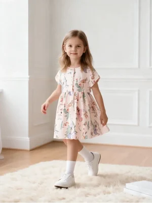 Little Maven Girls Cotton Floral Short-Sleeve Dress