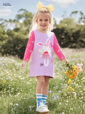 Little Maven Girls Cotton Dress with Rabbit Embroidery