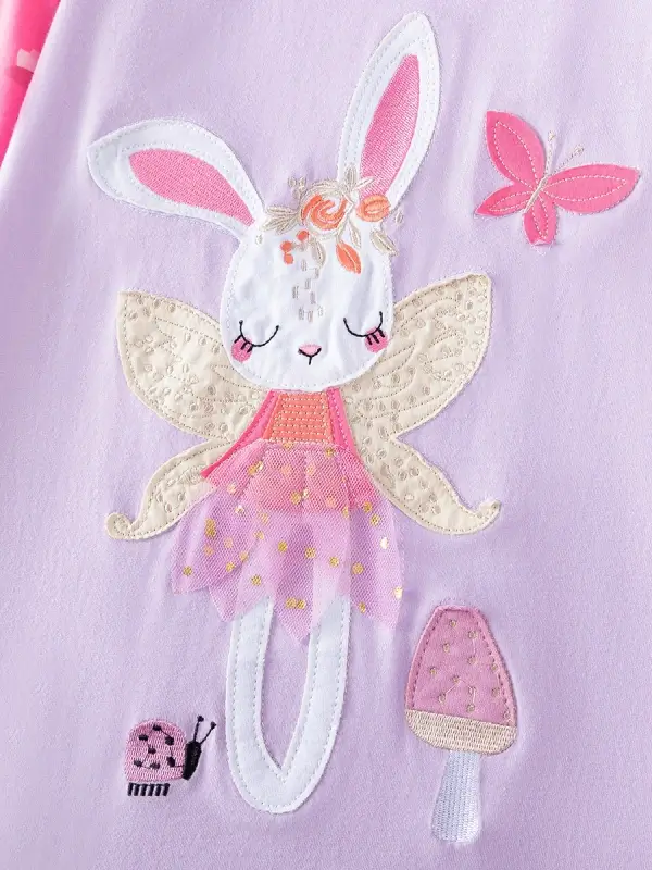 Little Maven Girls Rabbit Embroidered Cotton Color-Blocked Long-Sleeved Dress 3 Little Maven Girls Rabbit Embroidered Cotton Color-Blocked Long-Sleeved Dress - Image 3