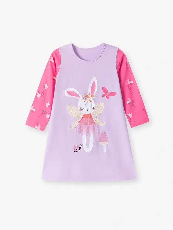 Little Maven Girls Rabbit Embroidered Cotton Color-Blocked Long-Sleeved Dress 2 Little Maven Girls Rabbit Embroidered Cotton Color-Blocked Long-Sleeved Dress - Image 2