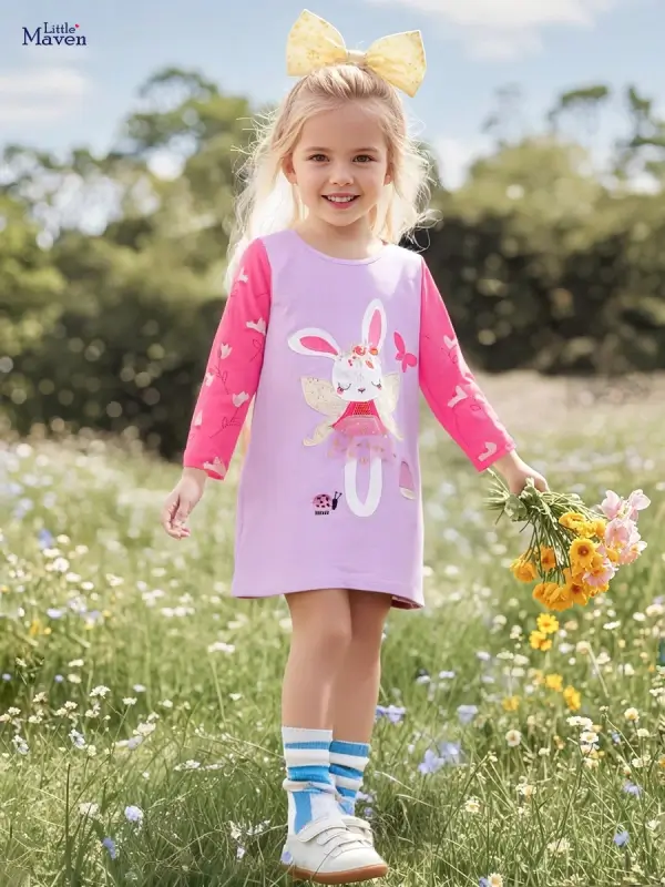 Little Maven Girls Rabbit Embroidered Cotton Color-Blocked Long-Sleeved Dress 1 Little Maven Girls Cotton Dress with Rabbit Embroidery