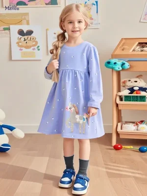 Little Maven Girls Unicorn Cotton Long-Sleeve Dress