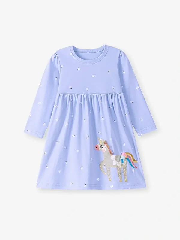 Little Maven Girls Unicorn Embroidered Cotton Long-Sleeved Dress 2 Little Maven Girls Unicorn Embroidered Cotton Long-Sleeved Dress - Image 2