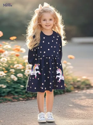 Little Maven Girls Unicorn Cotton Polka Dot Dress