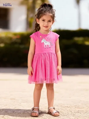 Little Maven Girls Unicorn Cotton Mesh Dress for Summer