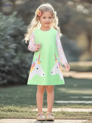 Little Maven Girls Unicorn Cotton Floral Long Sleeve Dress