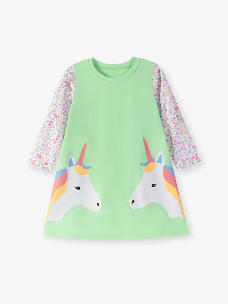 Little Maven Girls Unicorn Cotton Floral Long Sleeve Dress 2 Little Maven Girls Unicorn Cotton Floral Long Sleeve Dress - Image 2