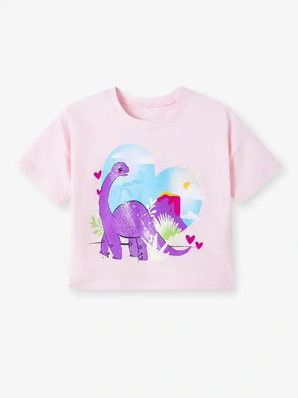 Little Maven Kid Girls Dinosaur Heart Print Cotton Short-Sleeve Tee 2 Little Maven Kid Girls Dinosaur Heart Print Cotton Short-Sleeve Tee - Image 2