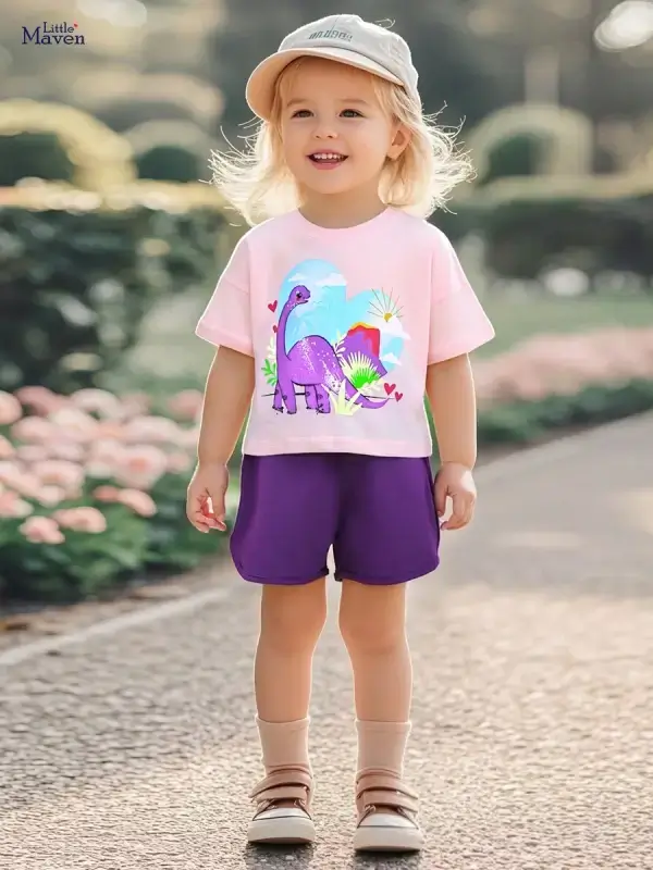 Little Maven Kid Girls Dinosaur Heart Print Cotton Short-Sleeve Tee 1 Little Maven Girls Dinosaur Heart Print Cotton Tee – Cute & Comfy