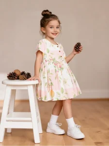 Little Maven Girls Cotton Dress with Fruit & Leaf Print