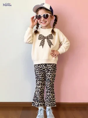 Little Maven Girls Leopard Print Cotton Sweatshirt Pants Set